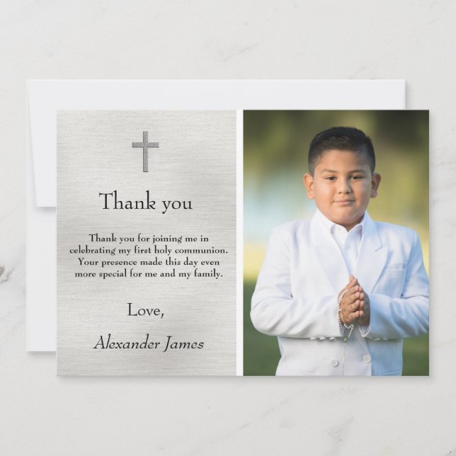 Holy First Communion Silver Black Boy Thank You Card (Front)