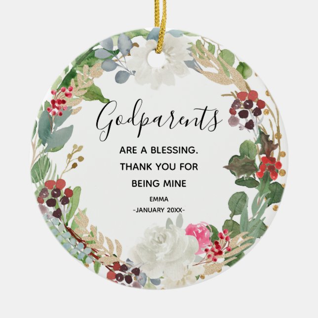Holy flower Personalised Godparents Christmas Ceramic Ornament (Front)