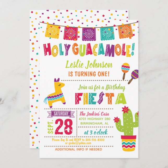 Holy Guacamole Birthday Fiesta Invitation - Kid W (Front/Back)