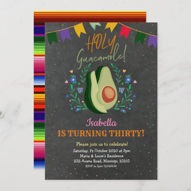 Holy Guacamole Chalkboard Mexican Birthday Invitation (Front/Back)