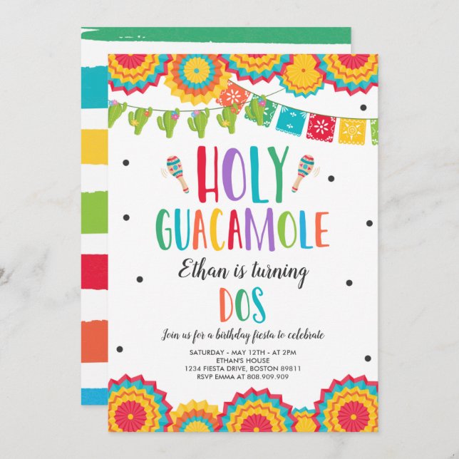 Holy Guacamole Dos 2nd Birthday Cactus Fiesta Invitation (Front/Back)