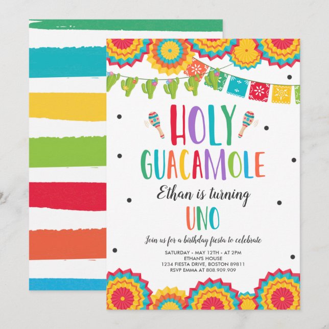 Holy Guacamole Uno 1st Birthday Cactus Fiesta Invi Invitation (Front/Back)