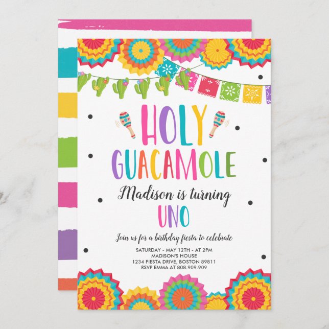 Holy Guacamole Uno 1st Birthday Cactus Fiesta Invitation (Front/Back)