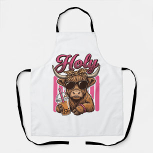Holy Highland Cow Vintage Boba Tea Shirt Design_1 Apron