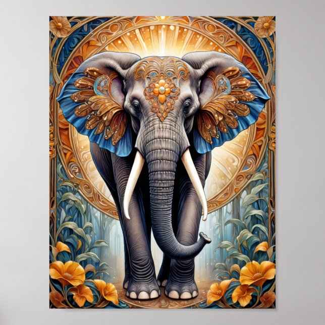 Holy indian elephant on ethnic pattern and flowers poster (Front)