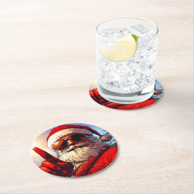 Holy Jolly Santa Divine Glow Round Paper Coaster (Insitu)