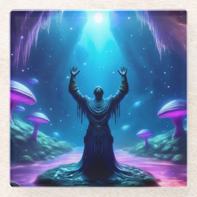 Holy Man In Cave Has Arms Raised Heavenward Glass Coaster (Front)