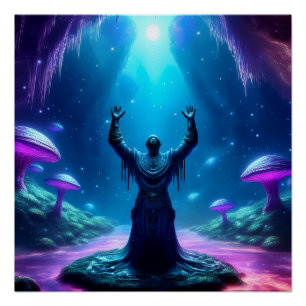 Holy Man In Cave Has Arms Raised Heavenward Poster