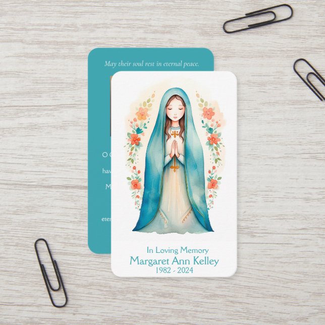 Holy Mary Watercolor Catholic Prayer Card (Front/Back In Situ)