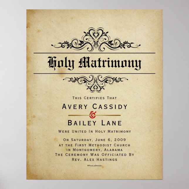 "Holy Matrimony" Antique Wedding Certificate Poster (Front)