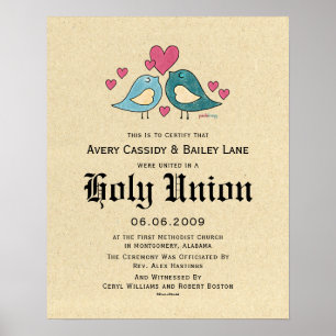 "Holy Matrimony" Love Birds Wedding Certificate Poster