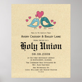 "Holy Matrimony" Love Birds Wedding Certificate Poster