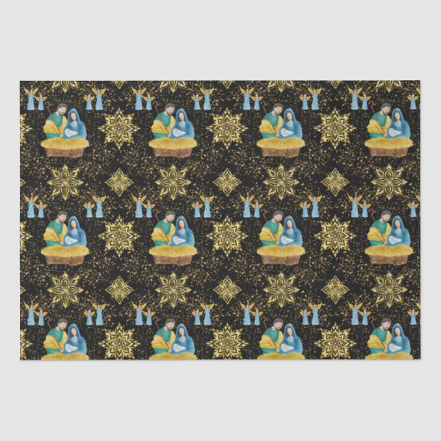Holy Night Nativity Golden Snowflakes Pattern Tissue Paper (Front)