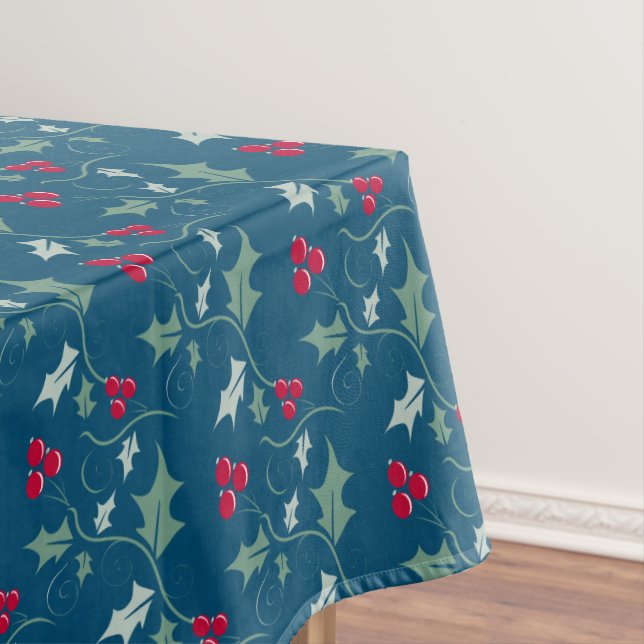 Holy red berries Christmas foliage patterned blue Tablecloth (In Situ)