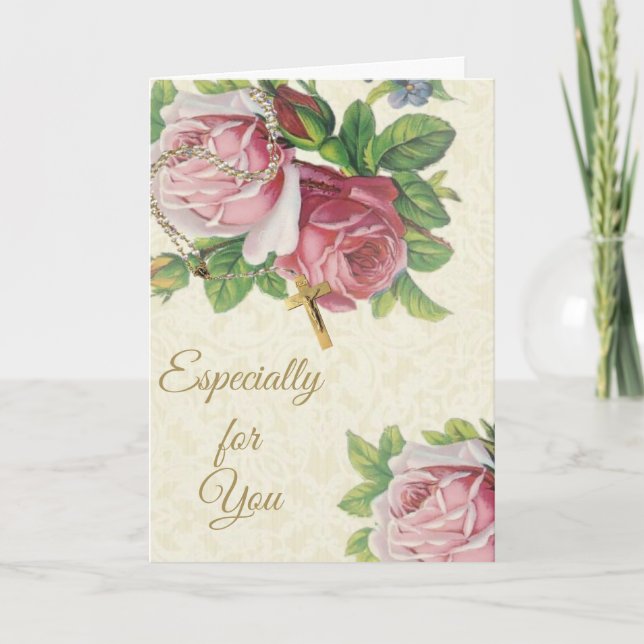 Holy Rosary with Roses Crucifix Lace Card (Front)
