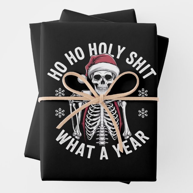 Holy Shirt What A Year Christmas Humour Skeleton  Wrapping Paper Sheet (In situ)