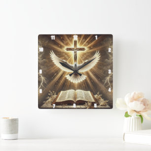 Holy Spirit Cross Bible Dove Square Wall Clock