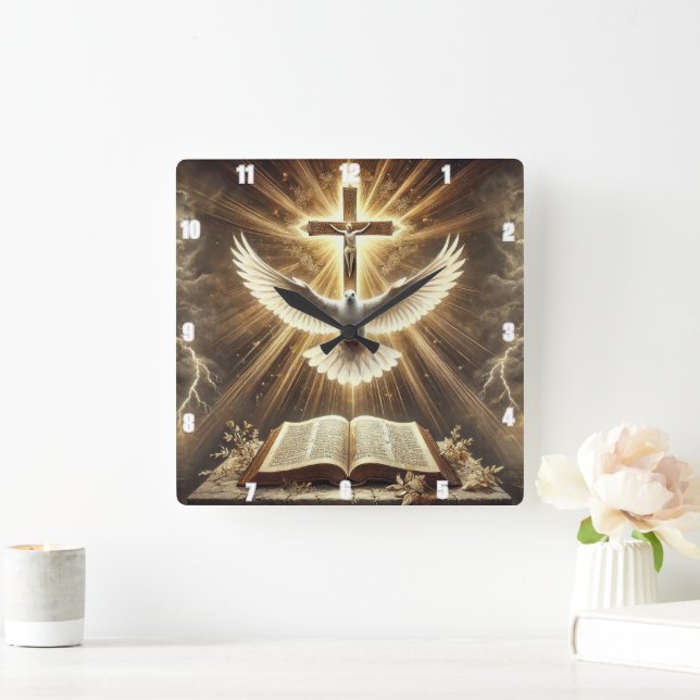 Holy Spirit Cross Bible Dove Square Wall Clock (Home)