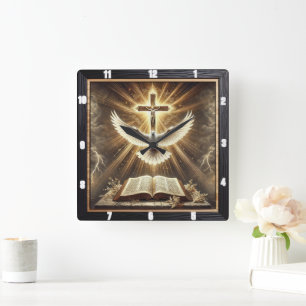 Holy Spirit Cross Dove Bible Square Wall Clock