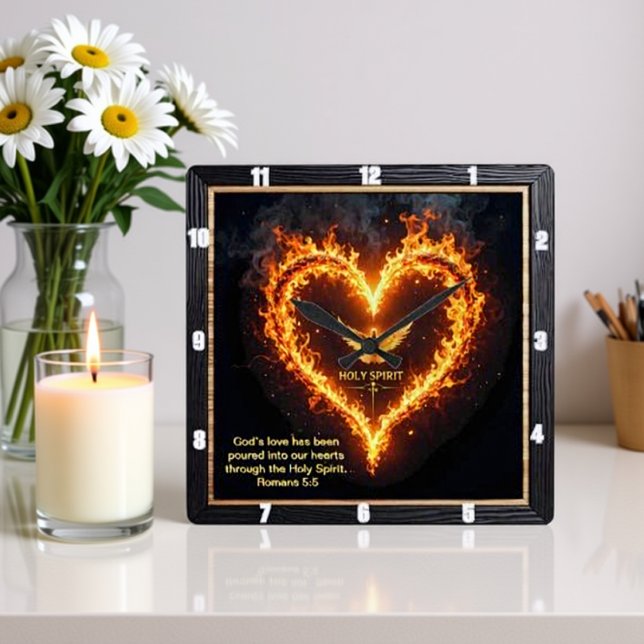 Holy Spirit Cross Flaming Heart Romans 5:5 Square Wall Clock (Creator Uploaded)