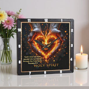 Holy Spirit Hands Flaming Heart Devotion  Romans 5 Square Wall Clock