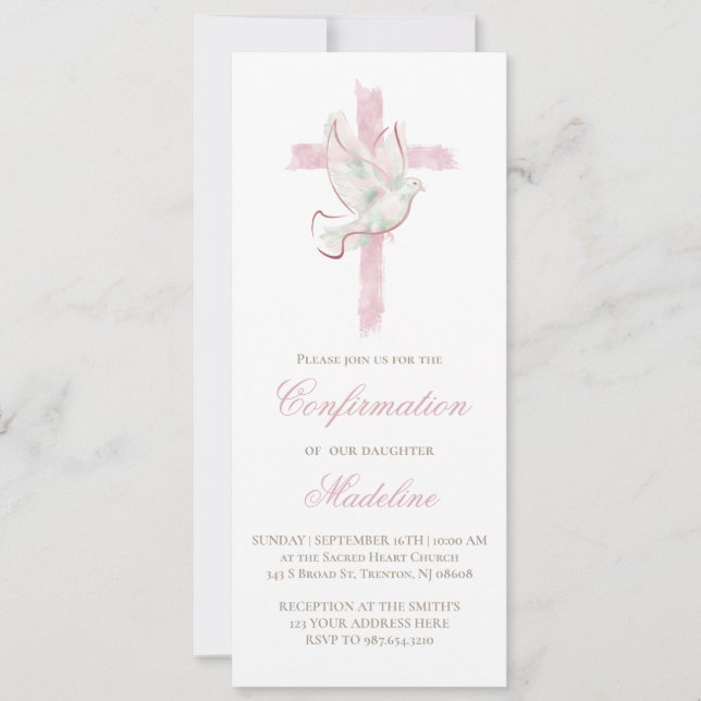 Holy Spirit pink cross Confirmation Invitation (Front)
