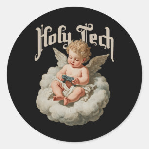 Holy Tech Gamer Angel Funny Cherob Ba  Classic Round Sticker