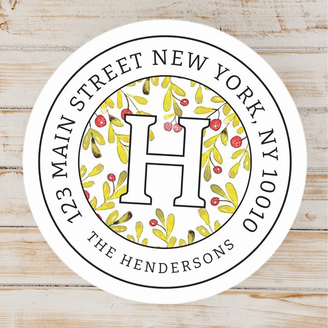 Home Address Chic Modern Christmas Family Monogram Classic Round Sticker (Creator Uploaded)