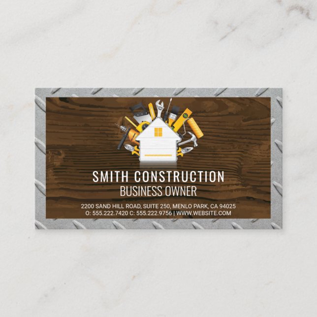 Home and Tools | Wood Metal Grid Pattern Business Card (Front)
