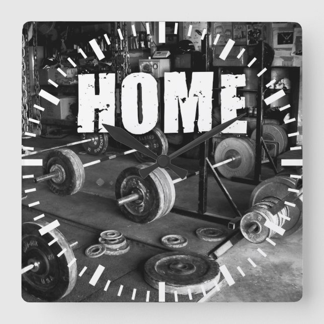 HOME (Barbells) - Workout Motivational Square Wall Clock (Front)