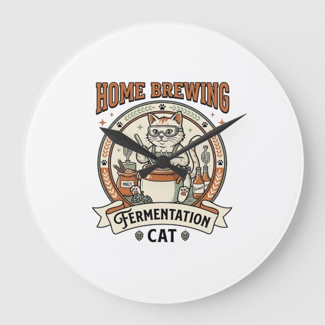Home Brewing Fermentation Cat Home Brewing Ferment Large Clock (Front)