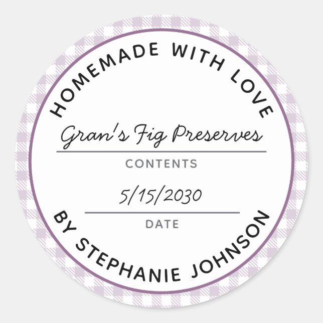 Home Canning Product Name Date Purple Plaid Jar Classic Round Sticker (Front)