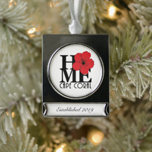 HOME Cape Coral (customise it!) Red Hibiscus Silver Plated Banner Ornament