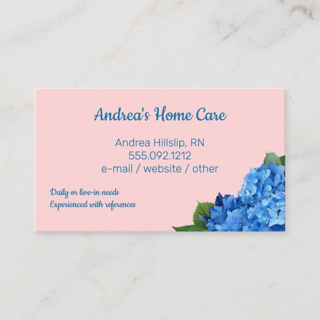 Home Care Blue Hydrangeas Custom Business Cards (Front)