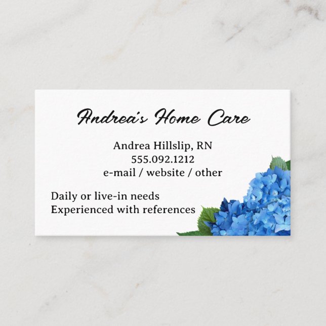 Home Care Blue Hydrangeas Custom Business Cards (Front)