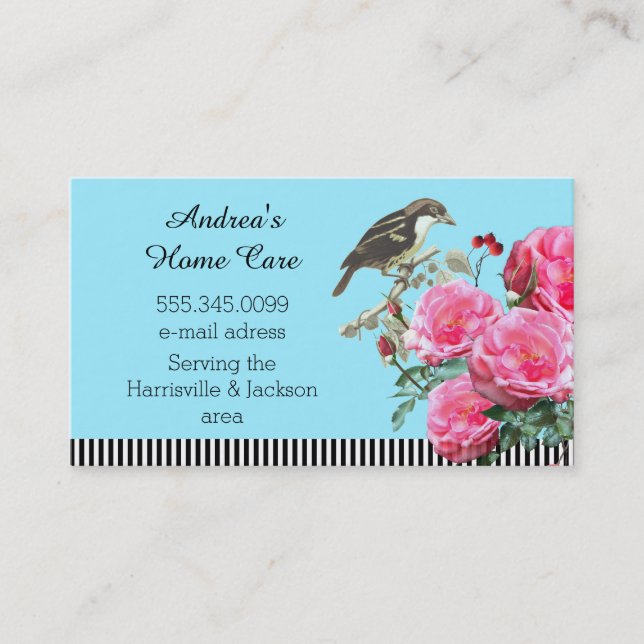 Home Care Pink Roses and Bird Business Card (Front)