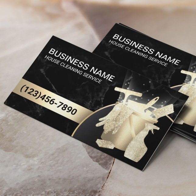 Home Cleaning Maid Service Modern Gold & Marble Business Card (Creator Uploaded)