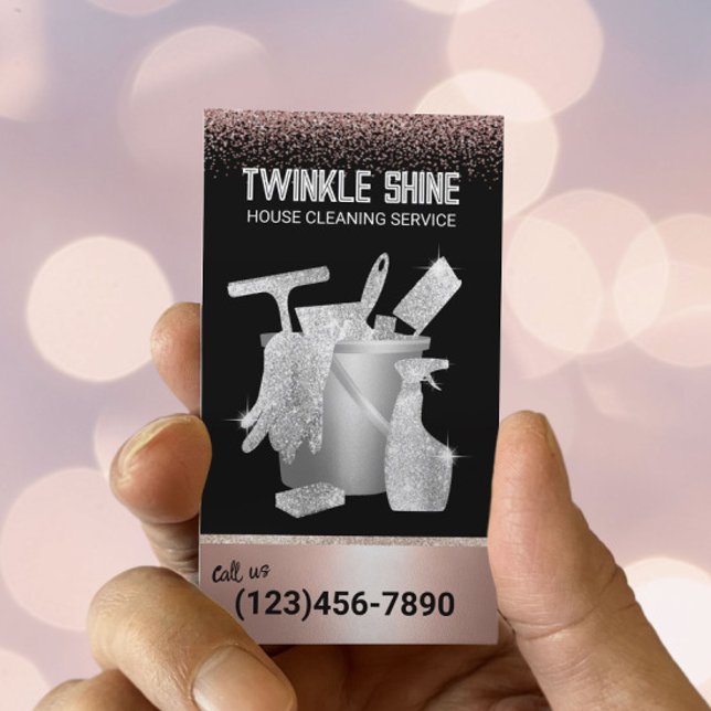 Home Cleaning Maid Service Rose Gold Glitter Business Card (Creator Uploaded)