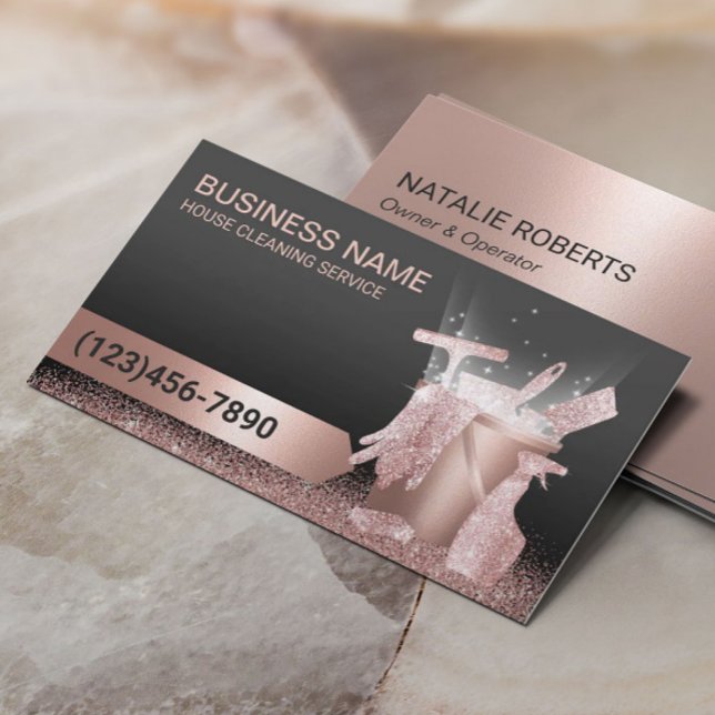 Home Cleaning Service Modern Rose Gold Glitter Business Card (Creator Uploaded)