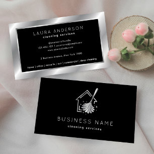 Home Cleaning Services Housekeeper Black & Silver Business Card