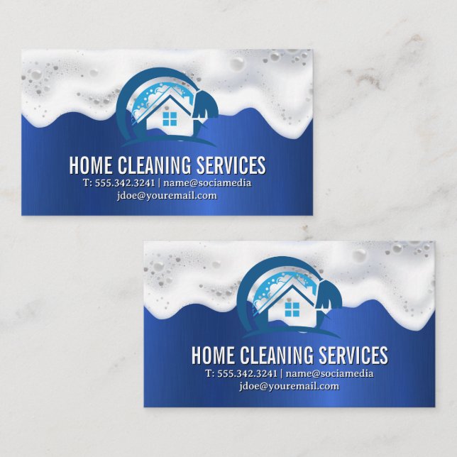Home Cleaning | Soap Suds | Blue Metallic Texture Business Card (Front/Back)