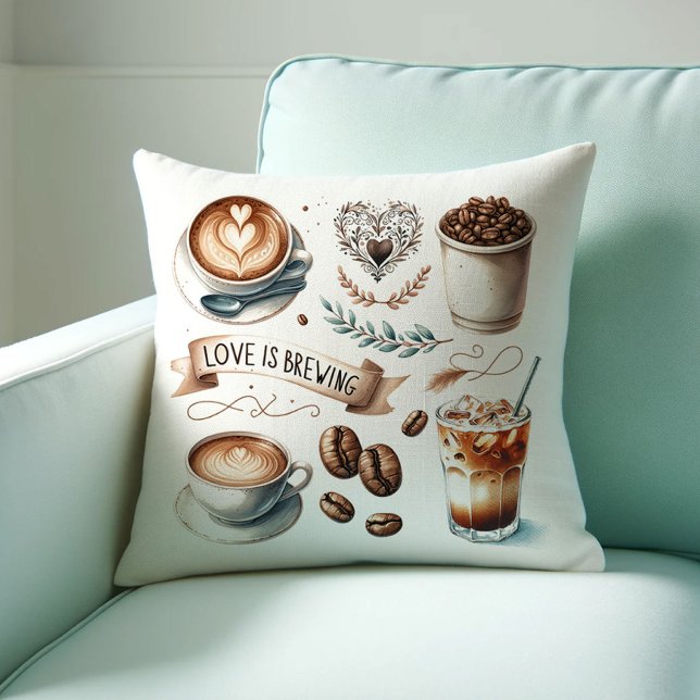 Home Coffee Bar Throw Pillows (Coffee lover gift ideas love is brewing throw pillow by Do Tell A Belle)