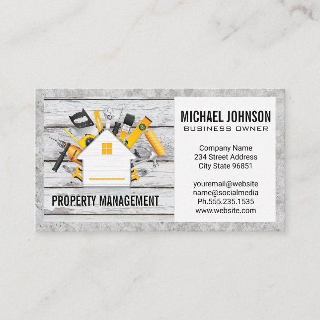 Home Construction Tools | Wood Concrete Business Card (Front)
