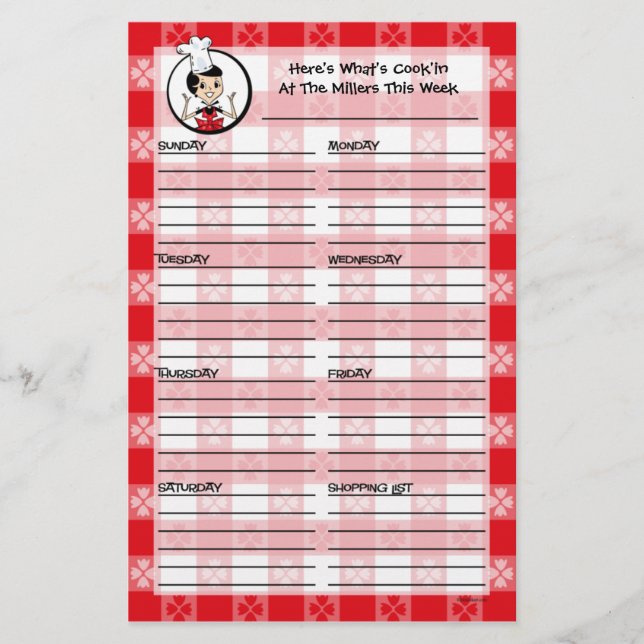 Home Cookin' Custom Menu Planner (Front)