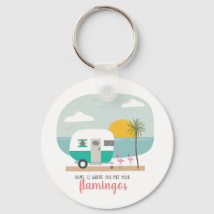 Home Flamingos Turquoise Camper Beach Key Ring