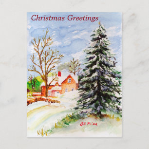 Home for Christmas Snowy Winter Scene Watercolor Holiday Postcard