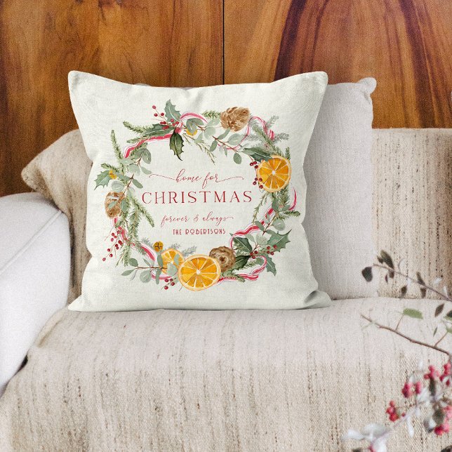 Home for Christmas Wreath Oranges Holly Ribbon Cushion (Creator Uploaded)