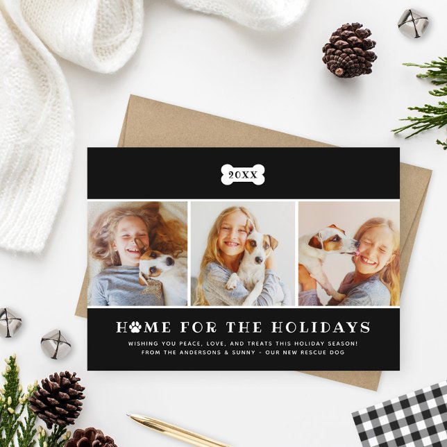 Home for the Holidays Black Plaid Dog Photo Holiday Card (Creator Uploaded)