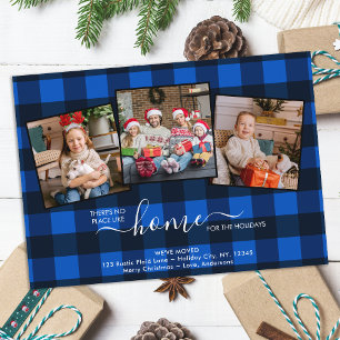 Home For The Holidays Blue Plaid 3 Photo Moving Announcement