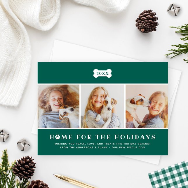 Home for the Holidays Dog Photo Collage Green Holiday Card (Creator Uploaded)
